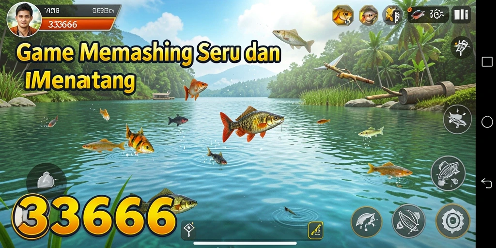 Tampilan gameplay seru dalam 333666 dengan tema memancing.