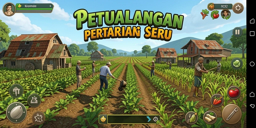 Screenshot N32 menunjukkan gameplay seru bertani di ladang luas.