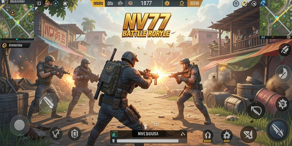 Screenshot gameplay NV77 menampilkan pertempuran mendebarkan di medan yang luas.
