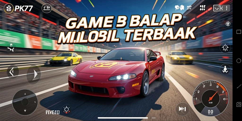 Screenshot gameplay PK77 menampilkan mobil balap di lintasan yang menegangkan.